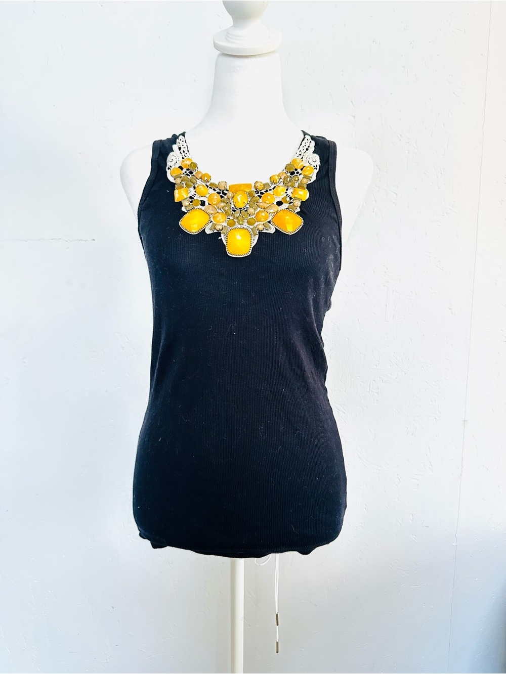 Black Sleeveless Tank Top with Yellow Beaded Necklace Detail